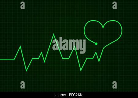 Heartbeat. Cardiogram graph. Green line in heart shape Stock Vector