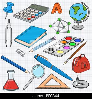 School doodle. Colored set of stationery tools, on lined paper background Stock Vector