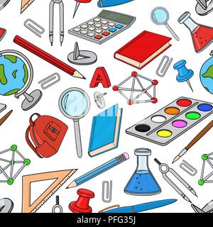 School doodle. Colored set of stationery tools. Seamless pattern Stock Vector