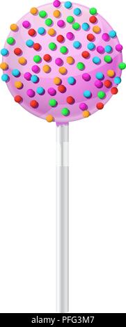 Cake pop. Dessert with pink frosting and colored sprinkles on a stick Stock Vector