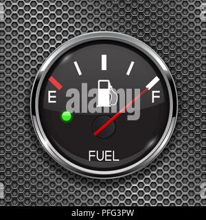 Fuel gauge. Full tank. Round black car dashboard 3d device on metal perforated background Stock Vector