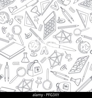 School doodle. Seamless pattern. Set of office stationery tools Stock Vector