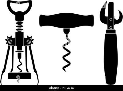 Corkscrews and can opener. Black drawing Stock Vector