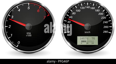 Speedometer and tachometer. Black 3d vehicle gauges Stock Vector