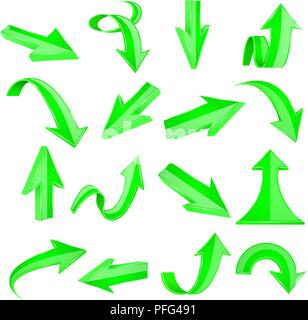 Green 3d arrows. Straight and bent icons Stock Vector