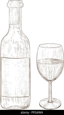 Wine bottle and a glass of wine. Hand drawn sketch Stock Vector
