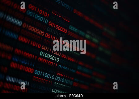 the right data. binary data background. focus on the white complete data amidst corrupted error red and blue binary bits. information codding problem Stock Photo