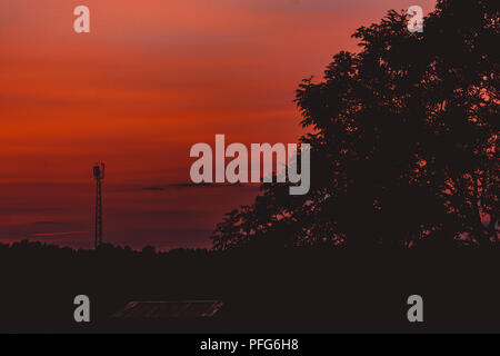 Summer Sunset With Red and Orange Sky with Tree and Pylon Silhouette. GLASGOW, SCOTLAND Stock Photo