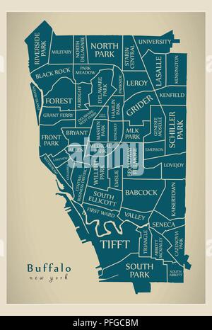 Modern City Map - Buffalo New York city of the USA with neighborhoods
