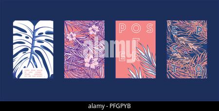 Poster with tropical flat geometric pattern. Cool colorful backgrounds. Applicable for Banners, Placards, Posters, Flyers. Vector illustration. Stock Vector