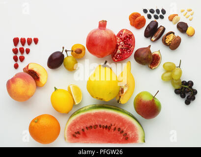 Colourful selection of fruits and nuts, close up. Stock Photo