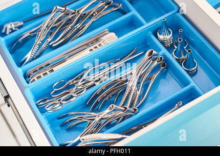 Otorhinolaryngology or ENT surgery instruments in a blue medical box Stock Photo