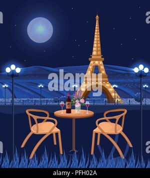 Romantic cafe with Eiffel Tower view. Paris at night Vector card. Beautiful background Stock Vector