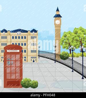 Red Phone booth in London Vector. Summer background Stock Vector