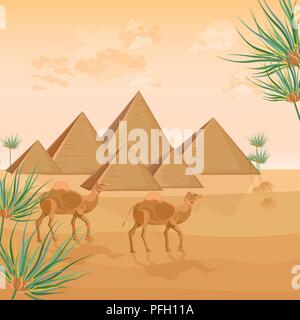 Egypt pyramids card background Vector. Desert view poster template Stock Vector