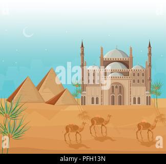 Egypt pyramids card background Vector. Desert view and mosque architecture poster template illustration Stock Vector