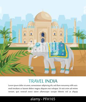 Cute Elephant symbol of India country Vector. Taj Mahal on background Stock Vector