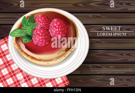 Raspberry cake Vector realistic. Sweet tasty dessert on wooden background. Menu template banner Stock Vector