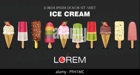 Ice cream set collection Vector realistic. Summer exotic fruits and berry flavors. Product packaging. Label menu dessert banner Stock Vector