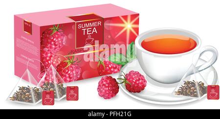 Tea packaging Vector realistic mock up. Summer raspberry flavor. 3d detailed illustration. Product package Stock Vector