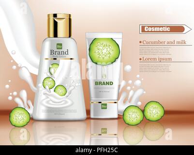 Cucumber cosmetics bottle Vector realistic. Product packaging mock up. Body lotion and hand cream collection. Milk splash background Stock Vector