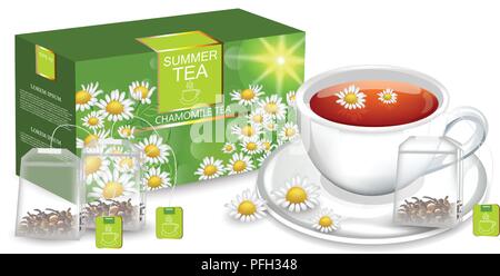 Chamomile tea Vector realistic. Product packaging mock up. Cup of tea and tea bags detailed 3d illustration Stock Vector