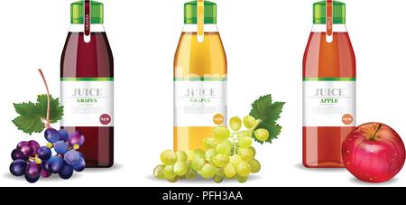 Apple and grapes juices set Vector realistic. Product packaging mock up. Label design glass bottles 3d illustration Stock Vector