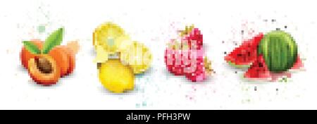 Watercolor fruits set Vector. Apricot, lemon, raspberry and watermelon delicious illustration Stock Vector