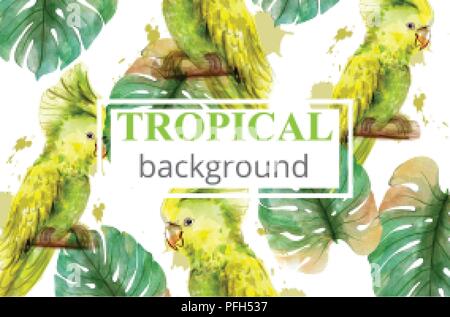 Tropical paradise with watercolor parrots and palm leaves card background Vector illustration Stock Vector