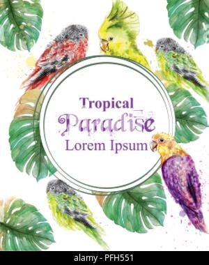 Tropical paradise frame with parrots and palm leaves watercolor Vector illustration Stock Vector