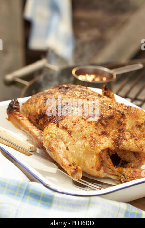 Smoke-roasted whole duck in roasting pan Stock Photo