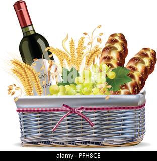 Autumn basket with bread and wine Stock Vector