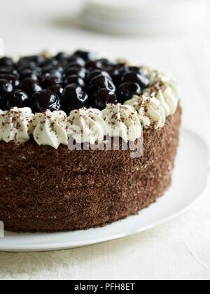 Black Forest Gateaux, decorated with chocolate, cherries and cream, on a plate, close-up Stock Photo