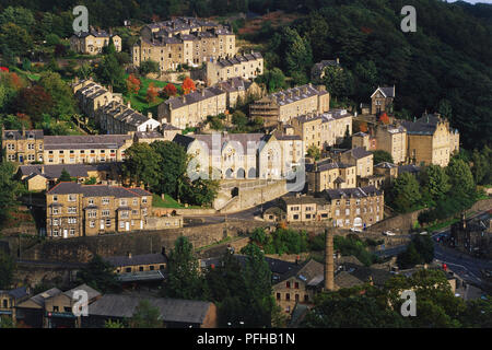 Great Britain, England, Yorkshire, Hebden Bridge, overhead view of houses in a west riding mill town in the Calder Valley surrounding a central mill. Stock Photo