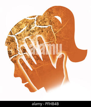 Woman migraine, Headache, Burn out. Stylized female head silhouette holding his head.Photo-montage with Dry cracked earth symbolizing Depression, Head Stock Photo