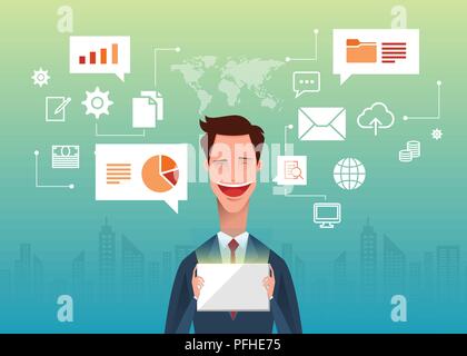 Handsome Business Man holds a tablet pc in his hand with internet symbols and the world map. Stock Vector
