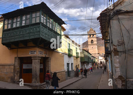 Colonial streets with the backdrop of the Cerro Rico mountain, in Potosi, Bolivia Stock Photo