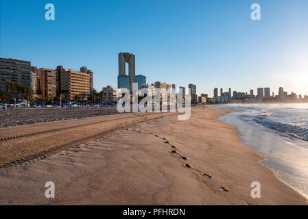 Benidorm city, Costa Blanca, Alicante Province, Spain, Europe /  View along Playa De Poniente beach in springtime. Stock Photo