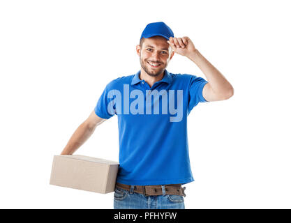 Portrait of smiling courier touching his cap in greeting isolated on white background Stock Photo