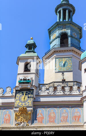 Poznan,tower of town hall in Old Market Square - Famous Poznań goats that are a symbol of city, appearing once a day at 12 o'clock Stock Photo