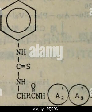 This image is from a botanical work on the analysis of plant compounds, likely focusing on chemical structures. The text includes complex formulas and molecular notations related to plant biochemistry, which are essential for understanding plant physiology and biotechnological applications. Stock Photo