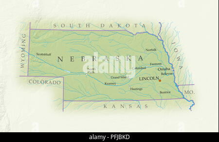 Physical Map Of Nebraska Stock Photo Alamy Map Of Nebraska Close Up Pfjbkd 