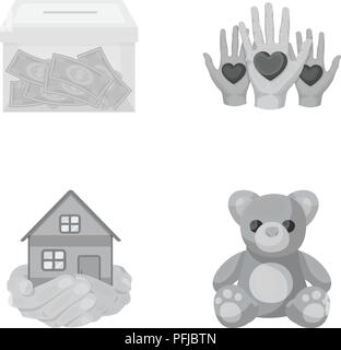Boxing glass with donations, hands with hearts, house in hands, teddy bear for charity. Charity and donation set collection icons in monochrome style  Stock Vector