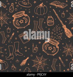 Vector Halloween pattern with hand drawn pumpkin, cauldron, spider web, potions, magic books, witch’s broom, hat, socks and boots orange outline in sk Stock Vector