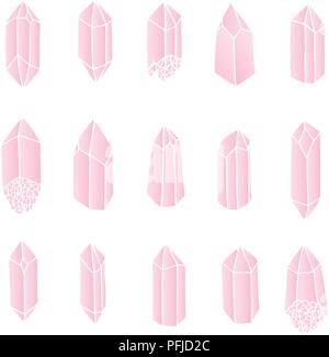 Vector rose quartz crystals set isolated on the white background. Hand drawn gemstones in pink pastel colors collection. Stock Vector