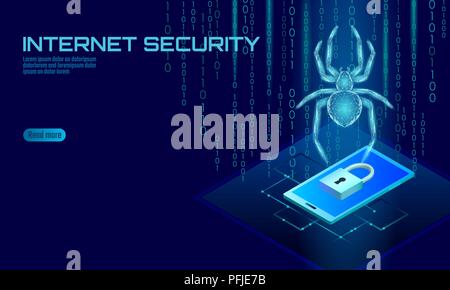 Isometric 3D spider hacker attack danger. Web security virus data safety antivirus concept. Smartphone lock design business concept. Cyber crime web insect bug technology vector illustration Stock Vector