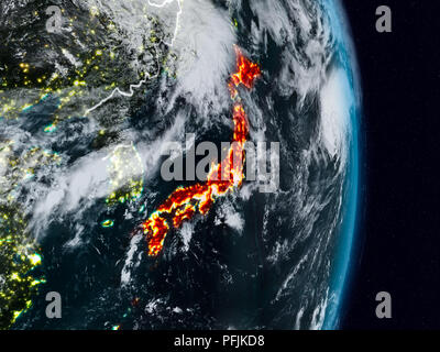 Japan from space on planet Earth at night with visible country