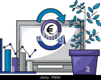 laptop computer with euro and plant vector illustration design Stock Vector