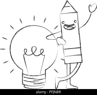 kawaii wooden pencil bulb idea cartoon vector illustration hand drawing Stock Vector