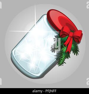 Transparent jar of glass with a luminous gaseous substance with sparkling glowing sparks isolated on a grey background. Magic gift with Christmas decorations with red ribbon bow. Vector illustration. Stock Vector